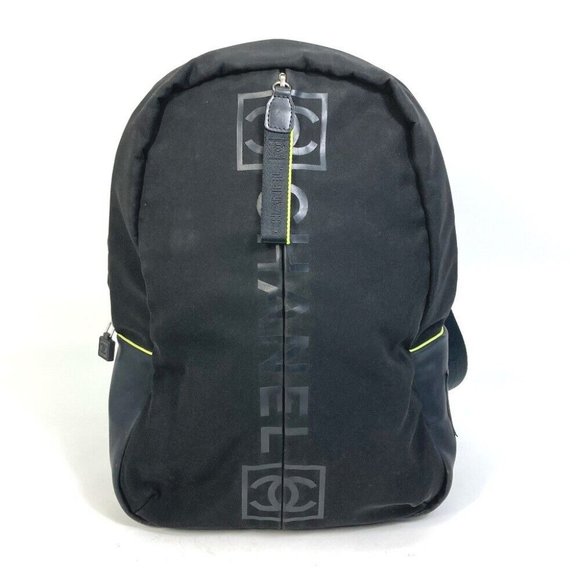 CHANEL Sports line logo zip up Backpack Nylon Black x neon yellow - Picture 1 of 12